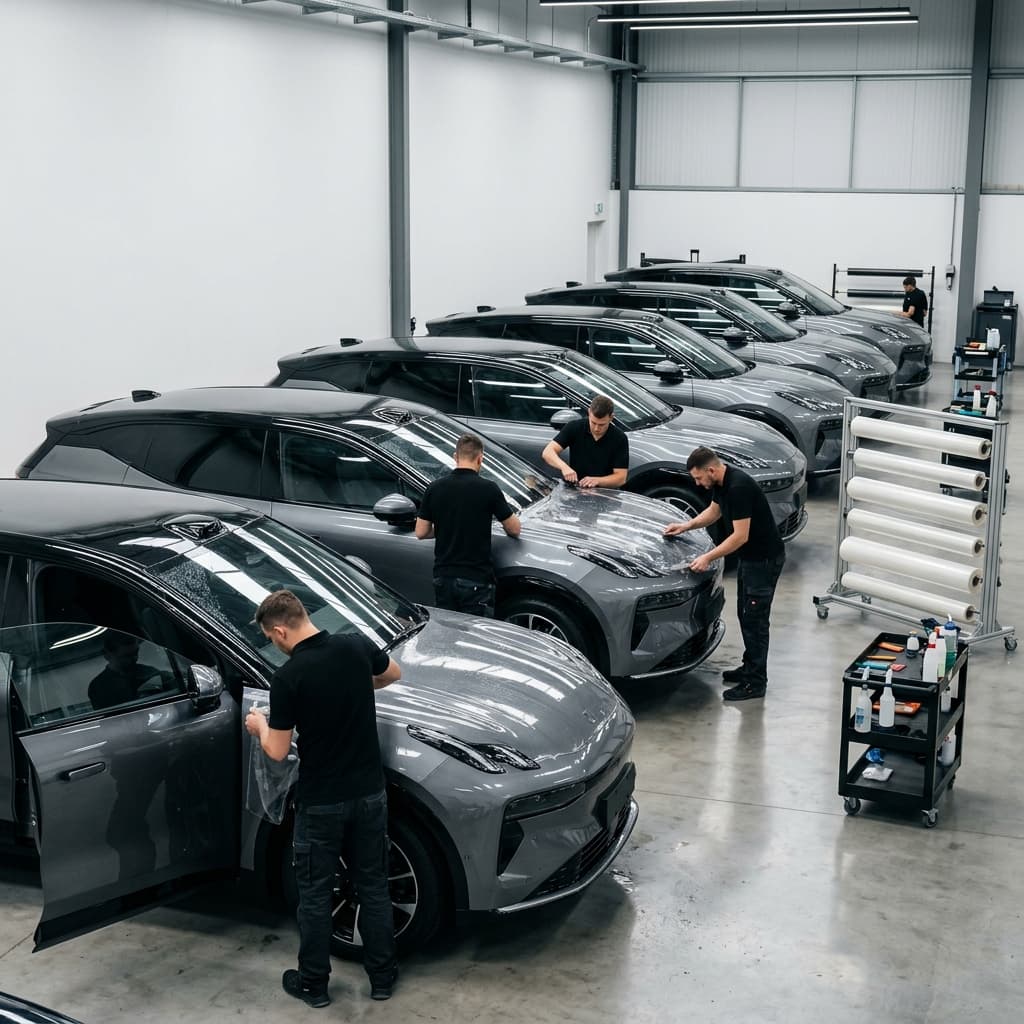 FleetShield technicians applying clear X-Line PPF to Zeekr 7x performance cars