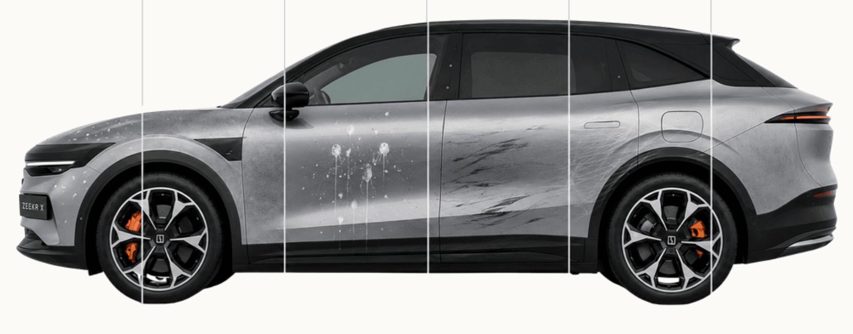 A vehicle showing the damage Paint Protection Film prevents: wear, light scratches, scuffs, bird droppings, UV fade and stone chips